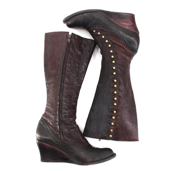 Calleen Cordero Knee High Boots 6.5 Black Brown Leather Brass Button Wedge Heel - Picture 11 of 15